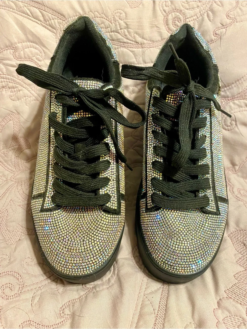 Sparkle Lace-Up Platform Sneakers - Black with Iridescent Crystal Detail